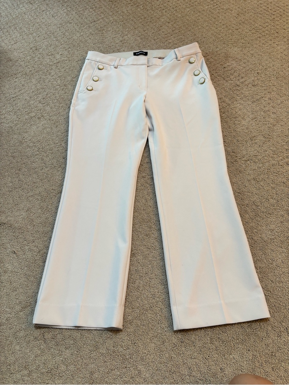 Express Women’s Size 10 Short Ivory Bootcut Dress Pants Gold Button Stretch